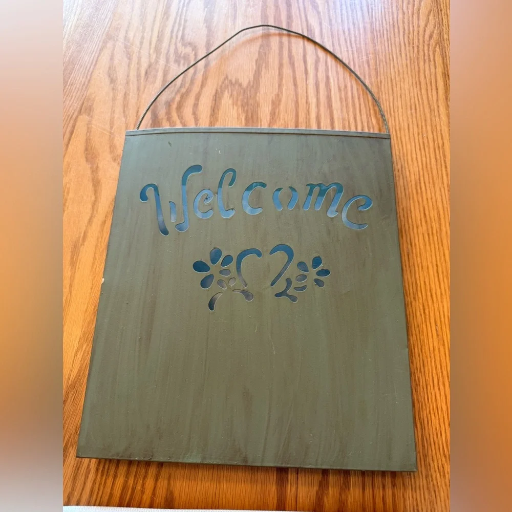 Sage Green Metal Welcome Hanging Basket